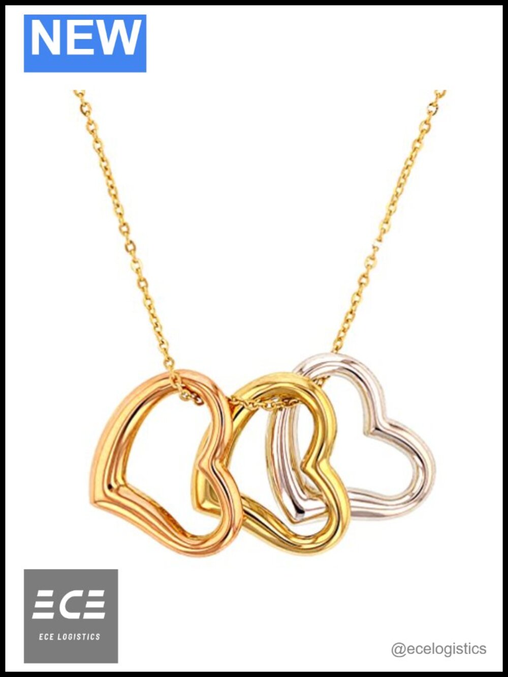 14K Tri-Color Gold Open Heart Necklace 18in with Extender